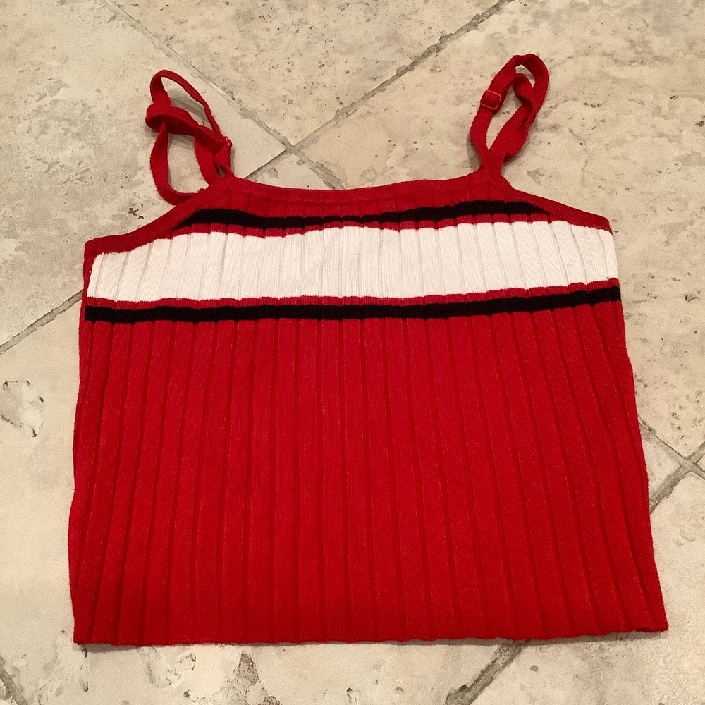 Divided Red Ribbed Tank with White and Black Stripes